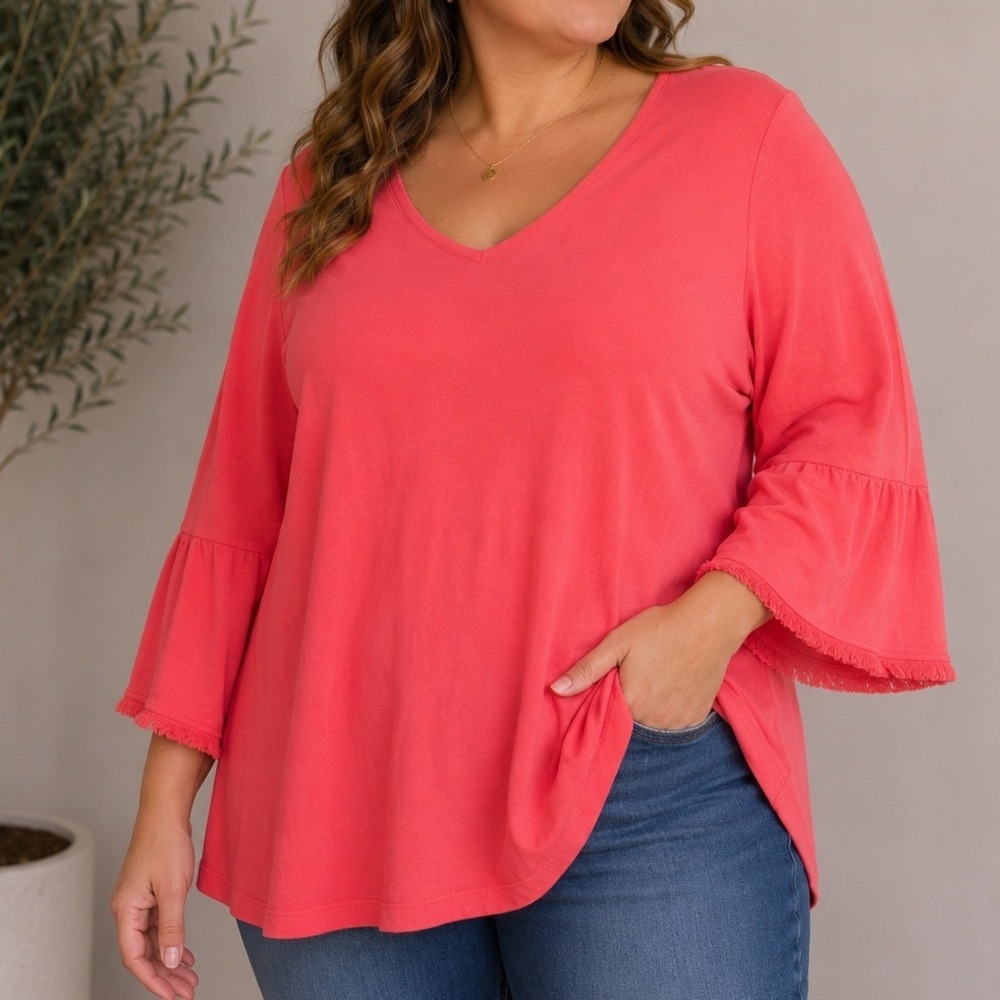 crown & ivy Coral V-Neck Bell Sleeve Top with Frayed Trim